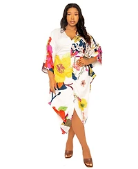Buxom Couture Women's Plus Size Printed Cinch Waist Kaftan Dress