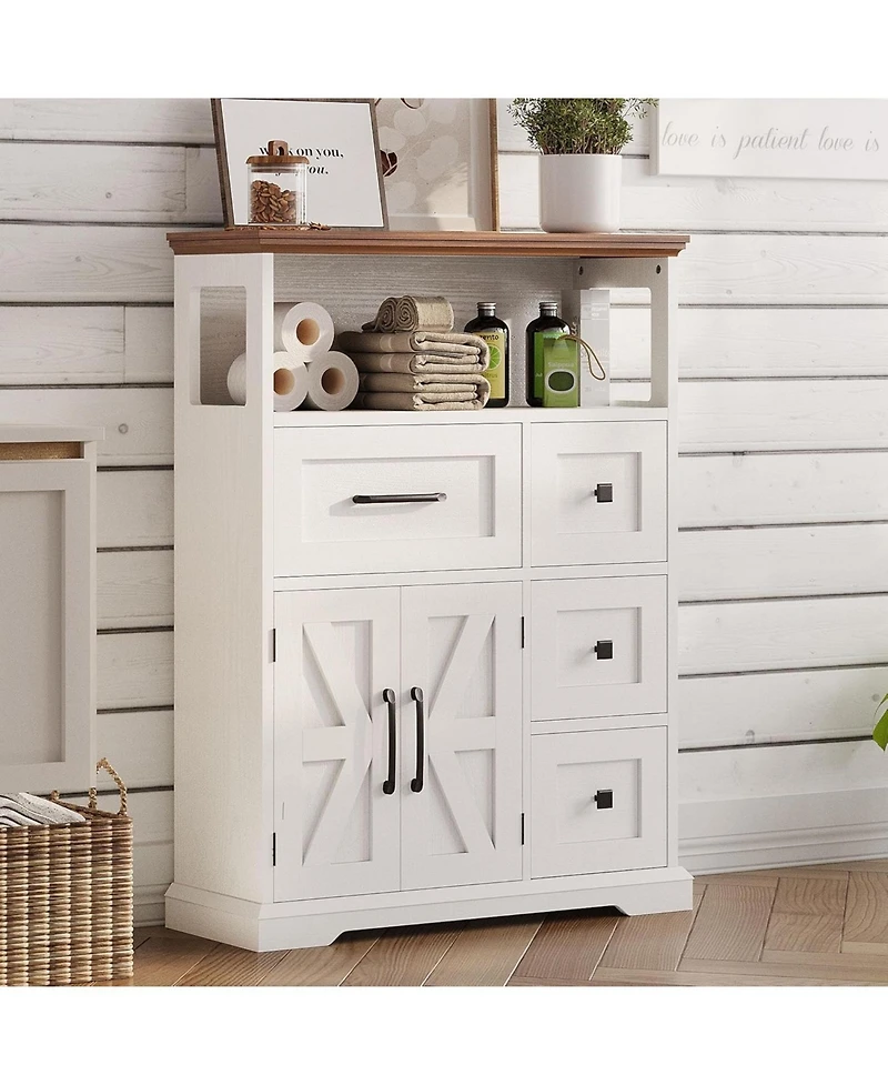 Farmhouse Storage Cabinet with 4 Drawers & Shelves, White/Walnut