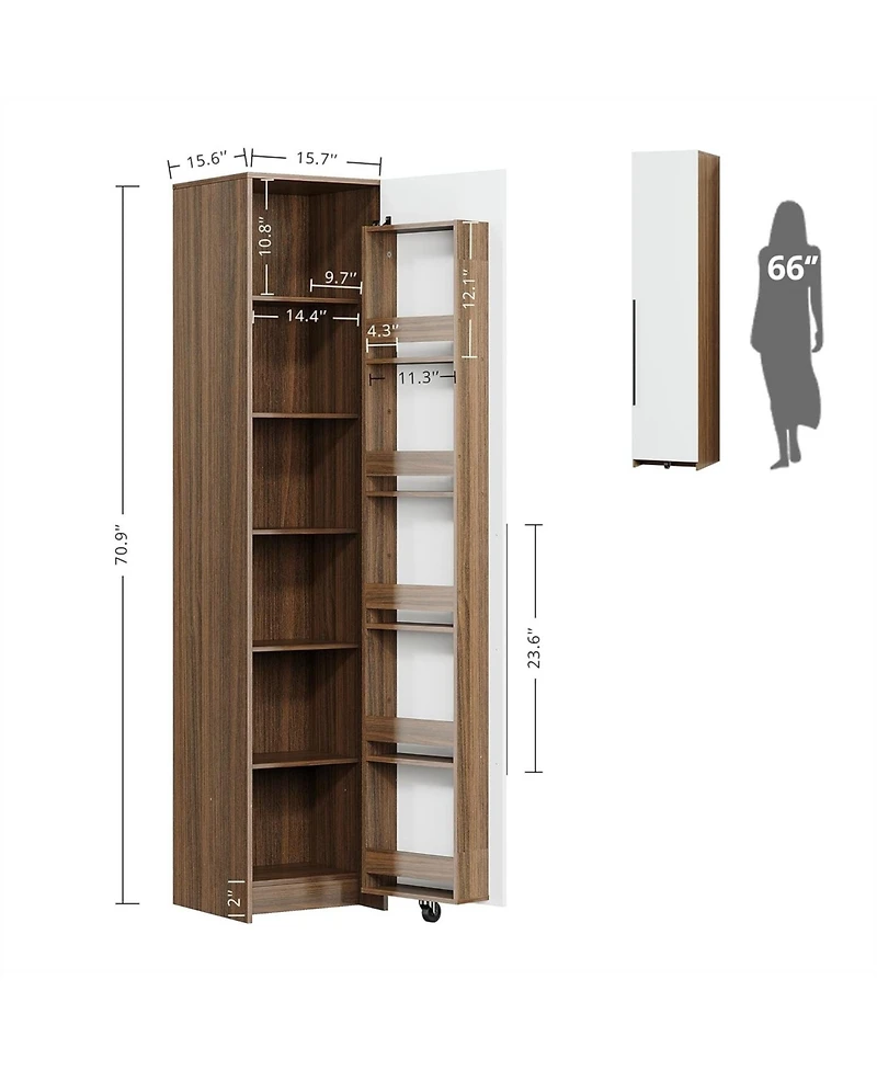Ironck 70-in Pantry Cabinet with 11 Adjustable Shelves, Walnut and White