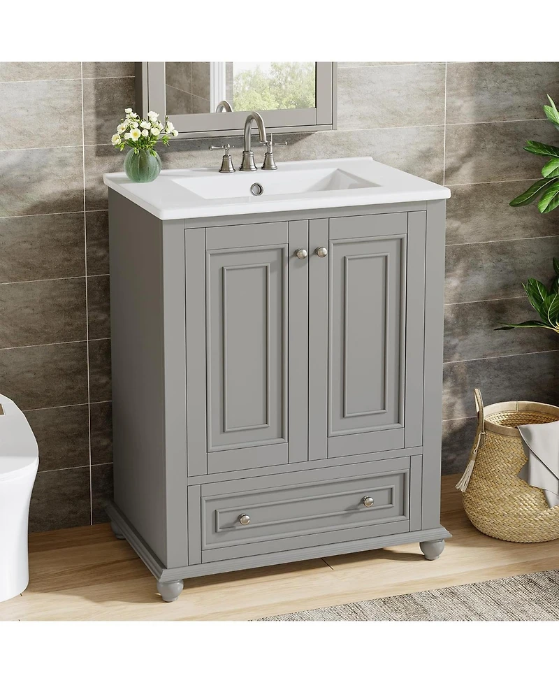 Tribesigns 24" Bathroom Vanity with Ceramic Sink Combo, Freestanding Bathroom Storage Vanity Cabinet with 2 Doors & 1 Drawer, Solid Wooden Frame & Coa