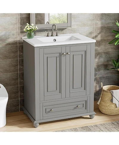 Tribesigns 24" Bathroom Vanity with Ceramic Sink Combo, Freestanding Bathroom Storage Vanity Cabinet with 2 Doors & 1 Drawer, Solid Wooden Frame & Coa