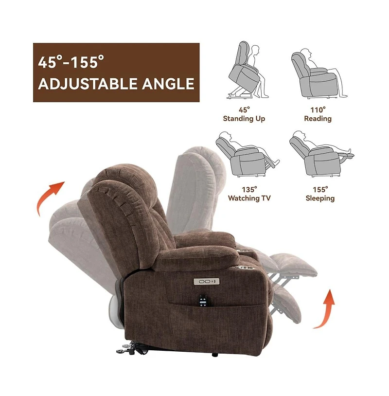Maison Boucle Power Lift Recliner with Heat & Massage, Electric Chenille Chair Usb Port, Cup Holders Heavy-Duty 350 Lbs Support-Maison