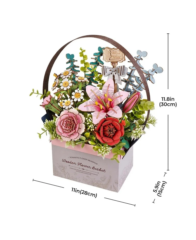 Robotime 3D Puzzle, Wooden Flower Basket with Exquisite Accessories, Decorative Building Kits for Kids Adults, Multicolored, 11"5.9"11.8"
