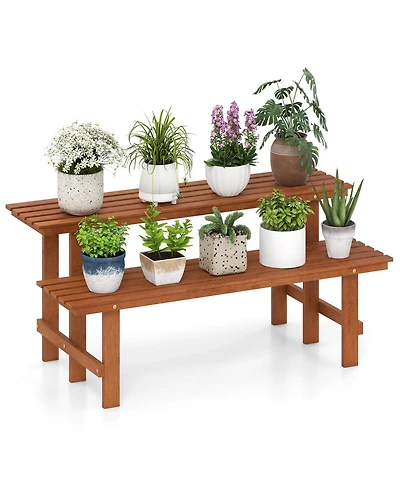 Costway 2 Tier Wood Plant Stand with Teak Oil Finish Indoor & Outdoor Flower Pot Holder