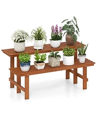 Costway 2 Tier Wood Plant Stand with Teak Oil Finish Indoor & Outdoor Flower Pot Holder