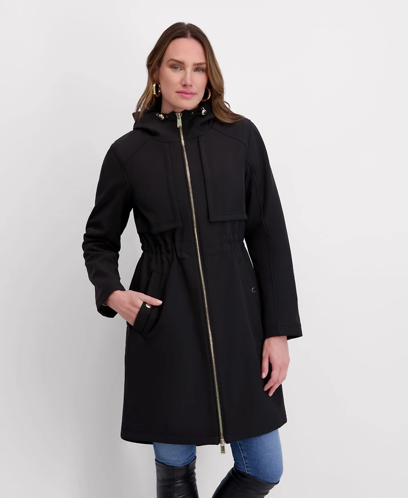 Kensie Women's Shirttail Cinched Waist Hooded Softshell