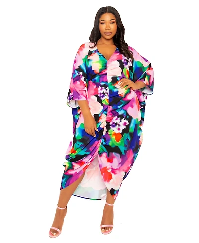 Buxom Couture Women's Plus Size Printed Cinch Waist Kaftan Dress