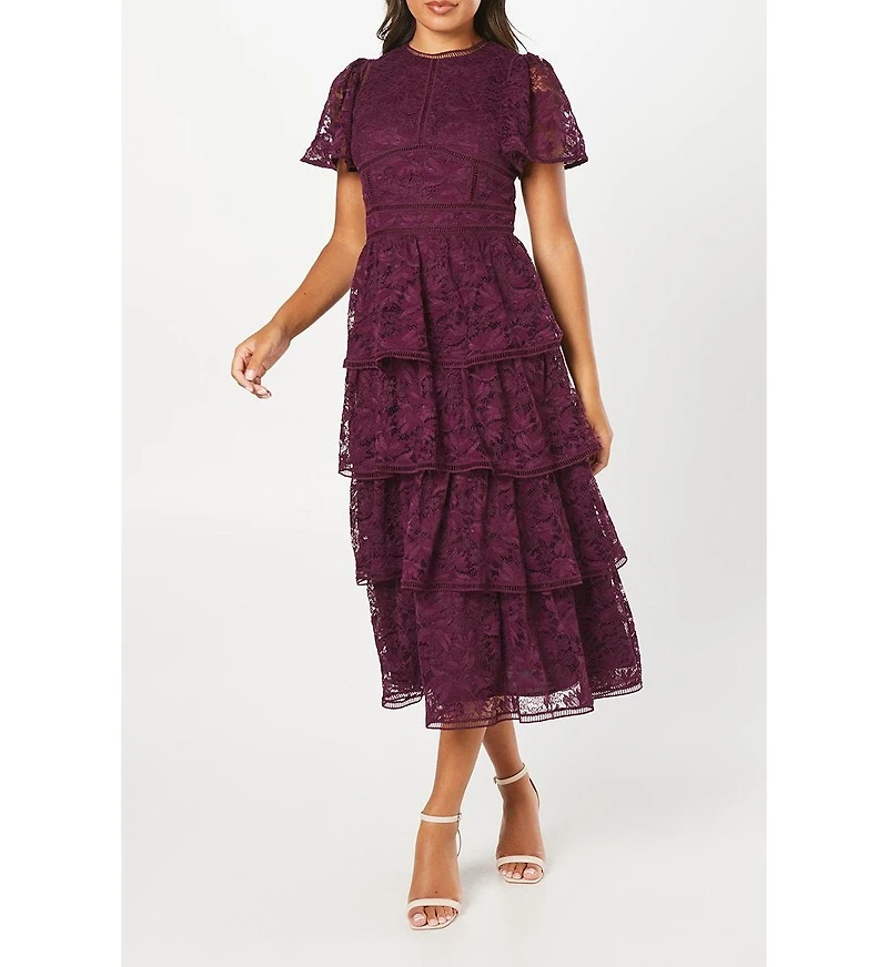 Coast Women's Tiered Lace Dress With Flutter Sleeve