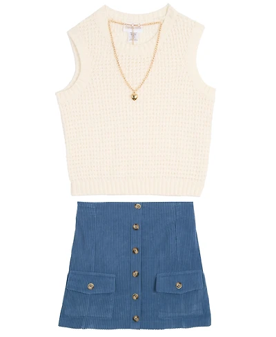 Rare Editions Big Girls 3 piece Knit Vest, Corduroy Skort and Necklace Set