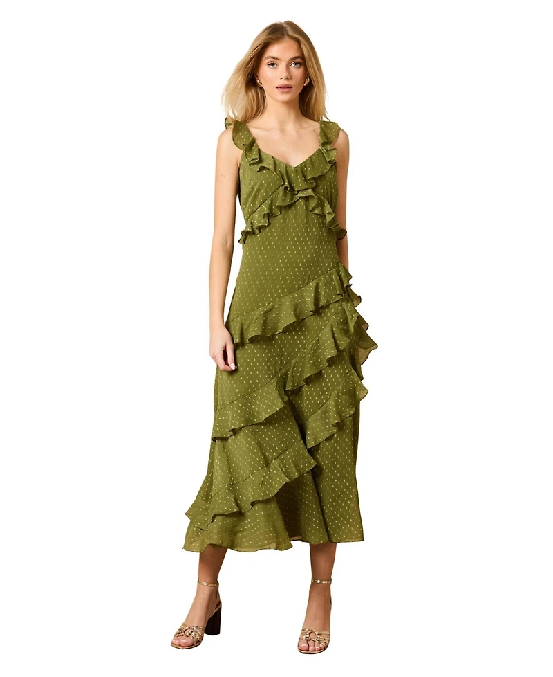 Oasis Women's Dobby Ruffle V Neck Tiered Midi Dress
