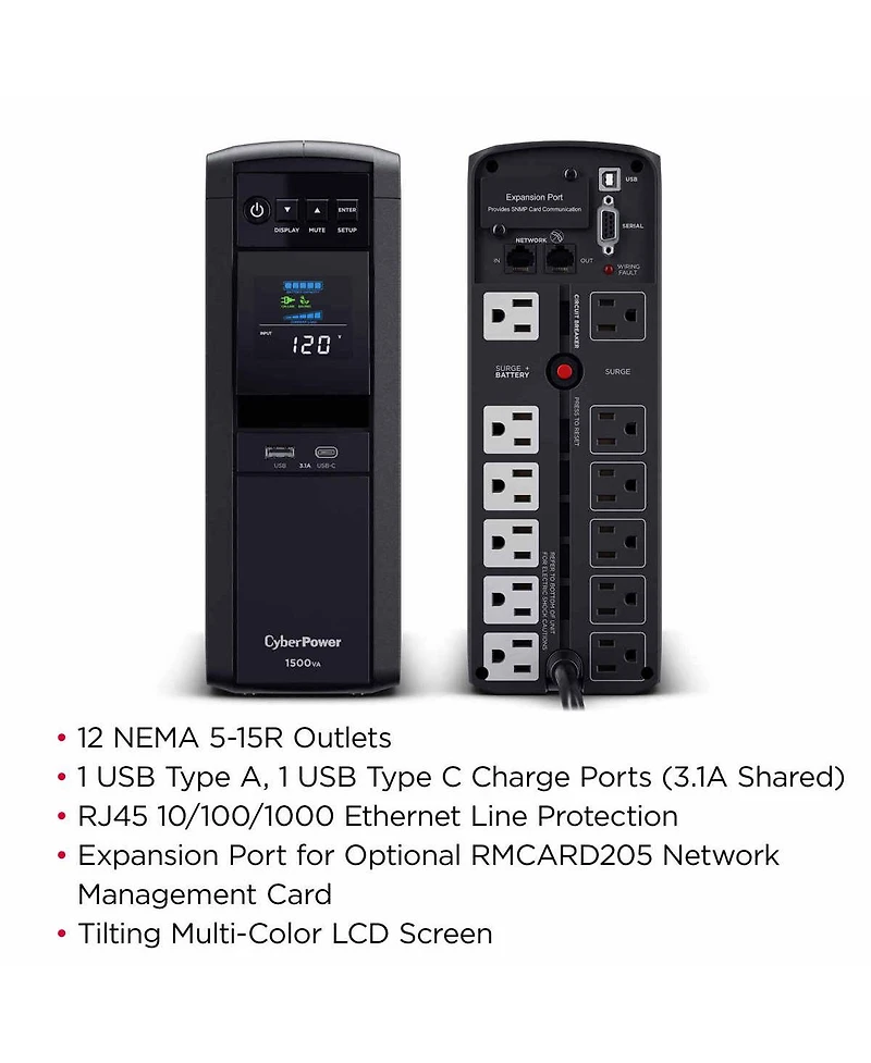 CyberPower Pfc Sinewave Computer Battery Backup, 1500VA 1000W Ups, 12 Outlets