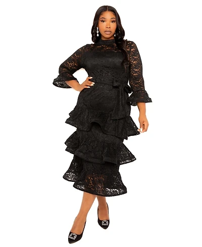 Buxom Couture Plus Lace Bell Sleeve Tiered Dress