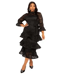 Buxom Couture Plus Lace Bell Sleeve Tiered Dress