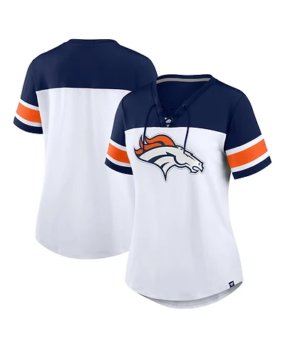 Fanatics Women's White/Navy Denver Broncos Athena Rhinestone Lace-Up V-Neck T-Shirt