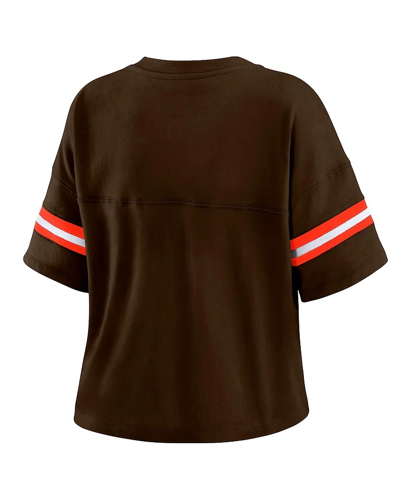 Wear by Erin Andrews Women's Brown Cleveland Browns Color Block Boxy Modest Crop V-Neck T-Shirt