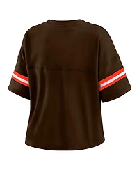 Wear by Erin Andrews Women's Brown Cleveland Browns Color Block Boxy Modest Crop V-Neck T-Shirt