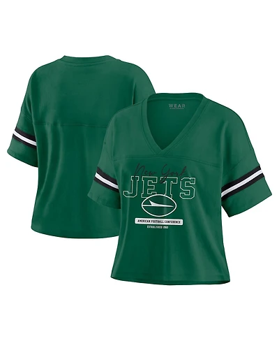 Wear by Erin Andrews Women's Green New York Jets Color Block Boxy Modest Crop V-Neck T-Shirt