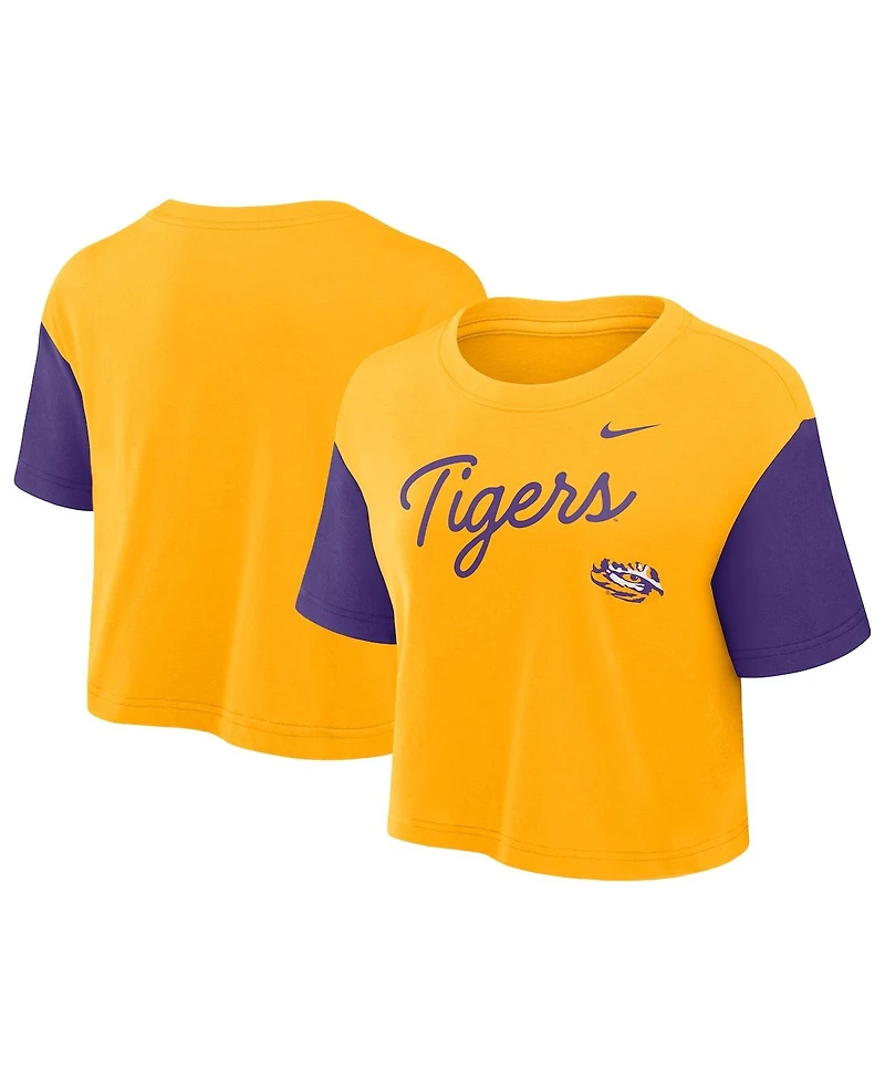 Nike Women's Gold/Purple Lsu Tigers Color-Block Script Performance Cropped T-Shirt