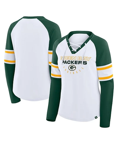 Fanatics Women's White/Green Green Bay Packers Redzone Blitz Package Raglan Lace-Up V-Neck Long Sleeve T-Shirt
