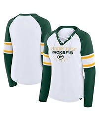 Fanatics Women's White/Green Green Bay Packers Redzone Blitz Package Raglan Lace-Up V-Neck Long Sleeve T-Shirt
