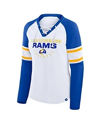 Fanatics Women's White/Royal Los Angeles Rams Redzone Blitz Package Raglan Lace-Up V-Neck Long Sleeve T-Shirt