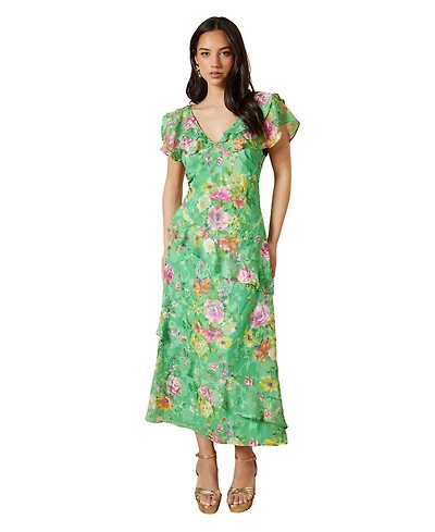 Oasis Women's Ruffle Sleeve Jacquard Midi Dress