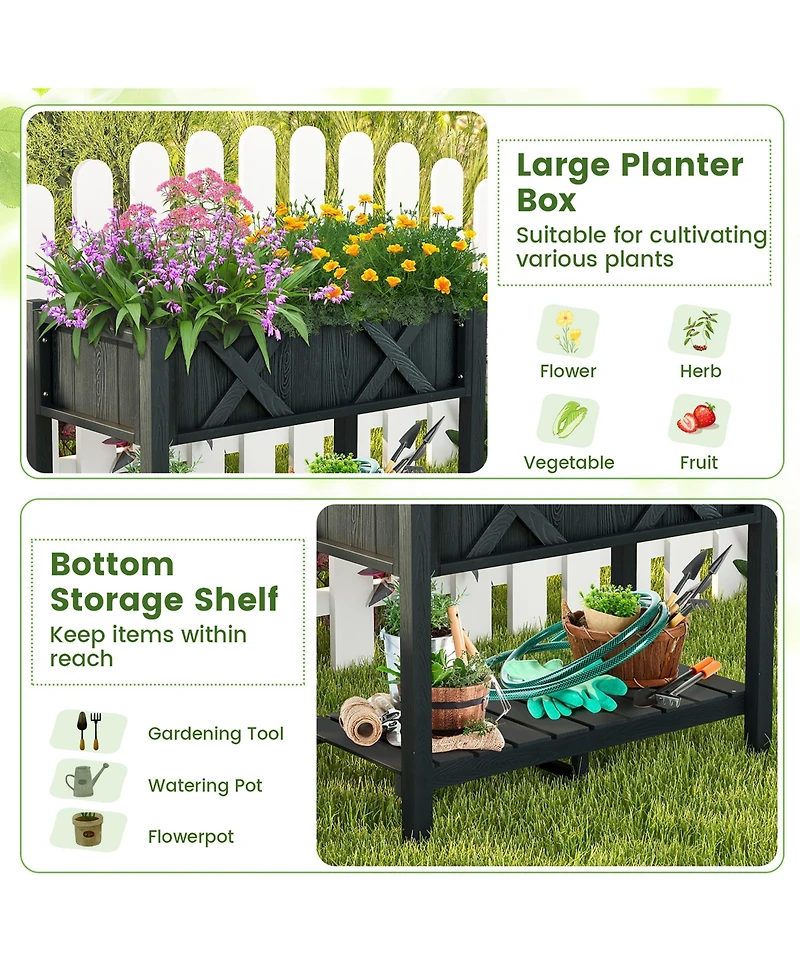 Gymax Hips Raised Garden Bed Poly Wood Elevated Planter Box w/ Legs & Storage Shelf
