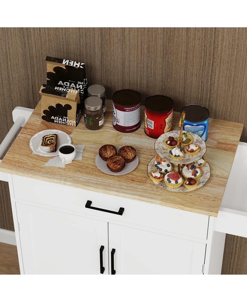 Casainc Rolling Kitchen Island Cart with Drawer, Cabinet, Rack and Rubber Wood Top