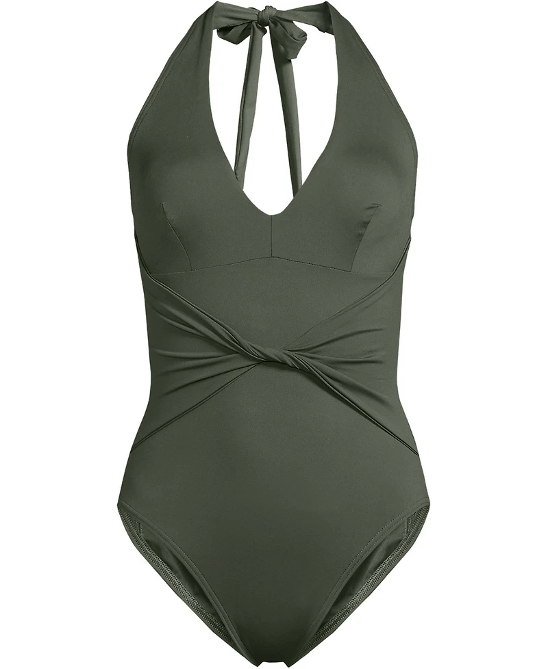 Lands' End Women's Long Sculpting Suit Plunge Halter High Leg One Piece Swimsuit
