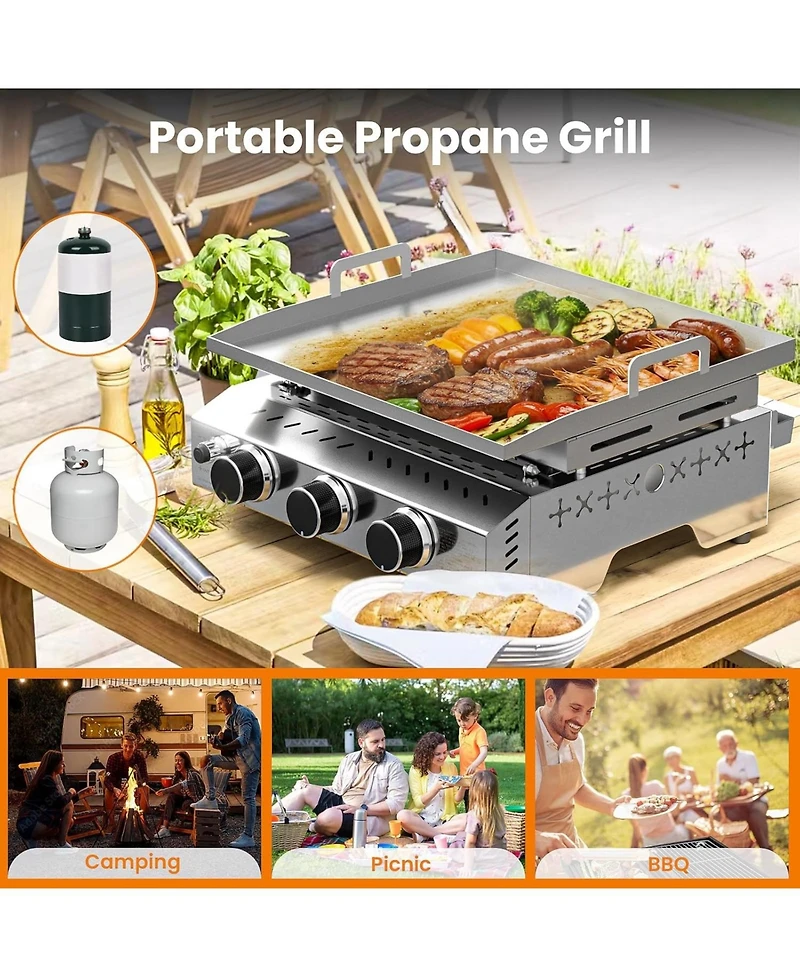 Cowsar Portable 26 Inch Tabletop Griddle with Grill Grate, Stainless Steel Propane Gas Grill with 3 Burners,24000 Btu, for Outdoor Camping/Rv/Picnic/B