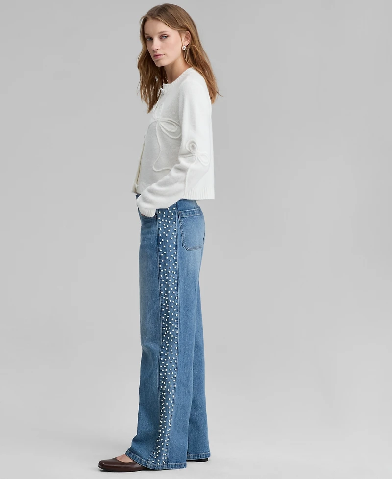 And Now This Women's High-Rise Faux-Pearl-Side Wide-Leg Jeans, Macy's Exclusive