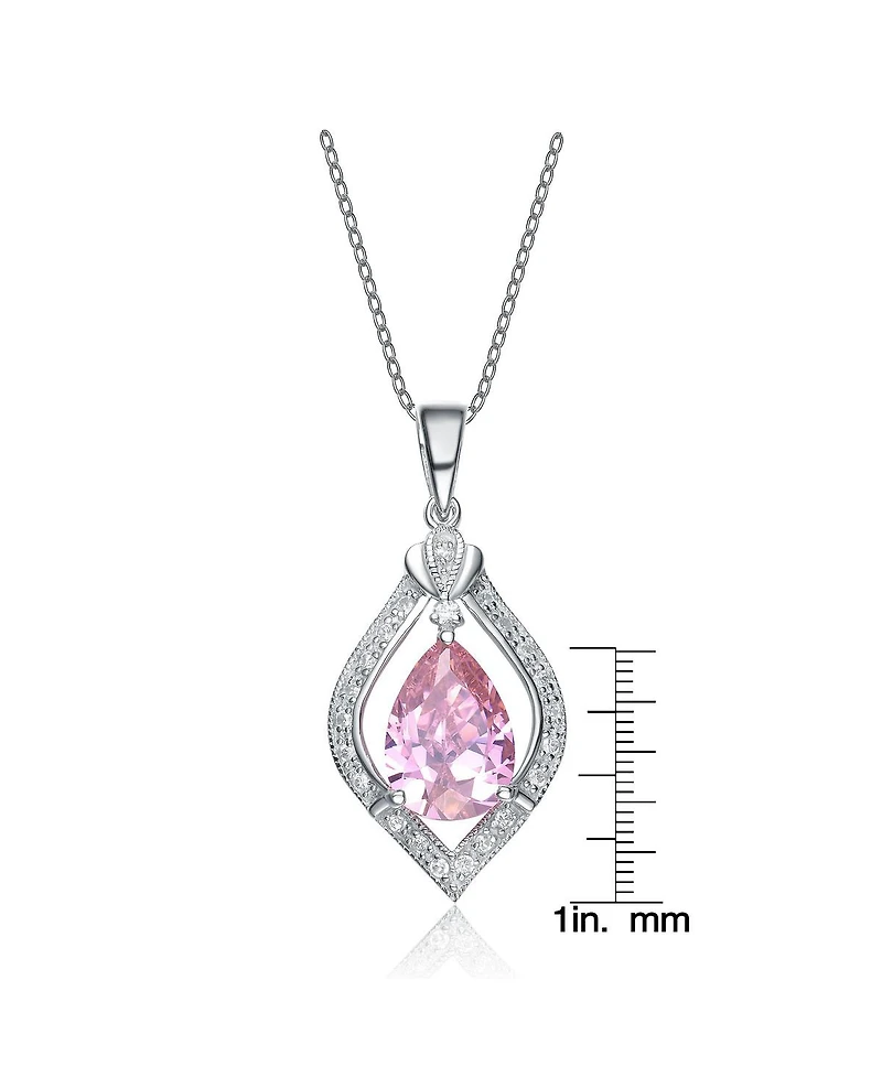 Sterling Silver White Gold Plated with Pink Teardrop and White Cubic Zirconia Pendant