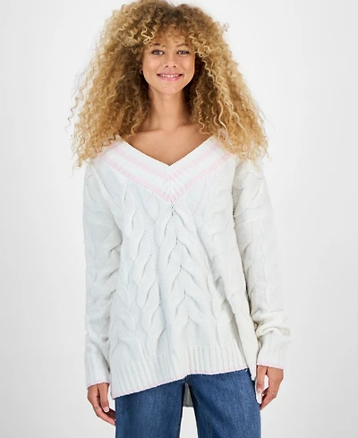Hippie Rose Juniors' V-Neck Cable-Knit Sweater