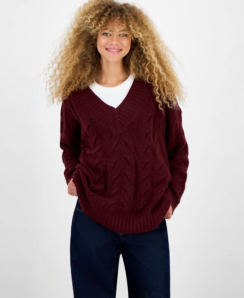 Hippie Rose Juniors' V-Neck Cable-Knit Sweater