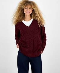 Hippie Rose Juniors' V-Neck Cable-Knit Sweater