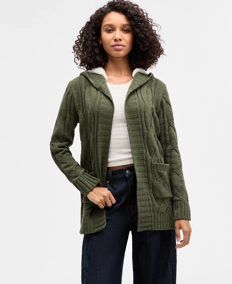 Madden Girl Juniors' Sherpa-Lined Cable-Knit Open Cardigan