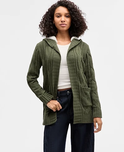 Madden Girl Juniors' Sherpa-Lined Cable-Knit Open Cardigan