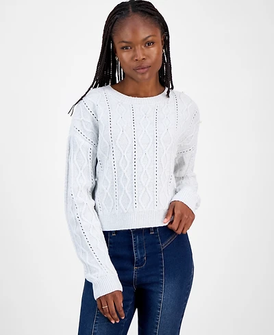 Madden Girl Juniors' Cable-Knit Faux-Pearl Crewneck Sweater