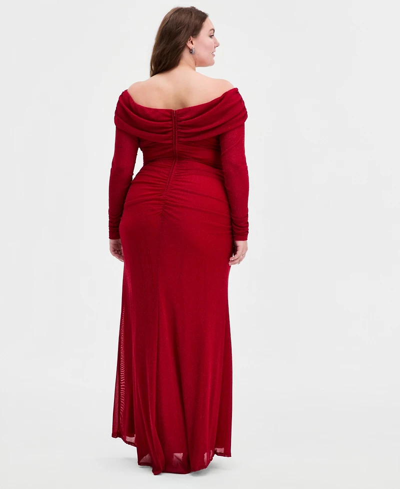 B Darlin Trendy Plus Off-The-Shoulder Glitter Gown
