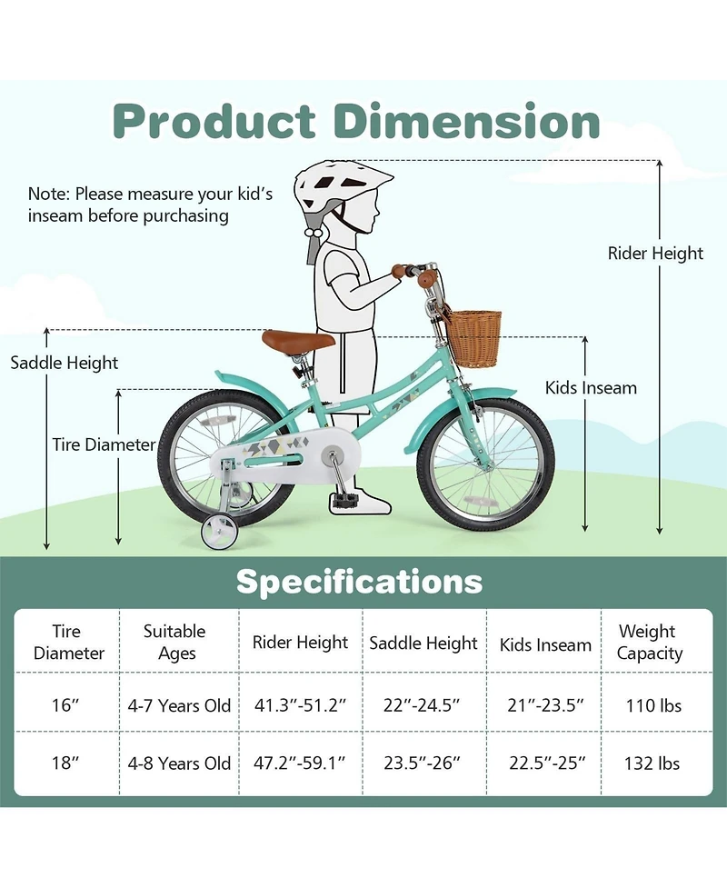 Akiudex Kids Bike with Training Wheels, Basket and Bell for Ages 4-8, 16 or 18 Inch