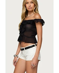 Edikted Women's Sheer Chiffon Ruffled Off Shoulder Top