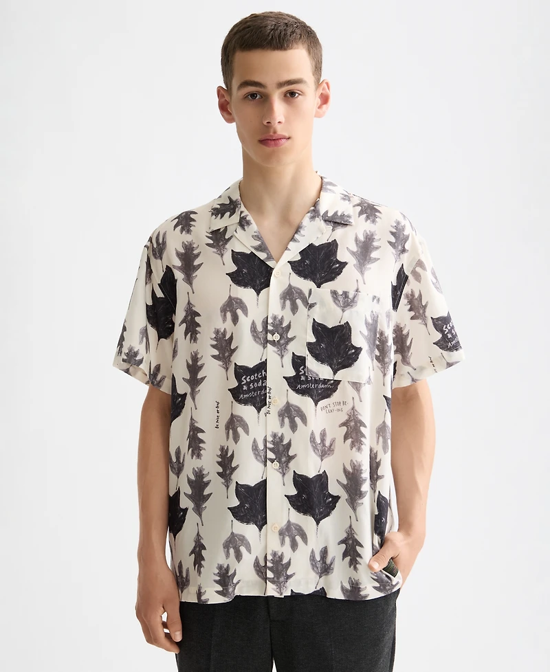 Scotch & Soda Men's Relaxed Fit Short Sleeve Marble Print Button-Front Camp Shirt