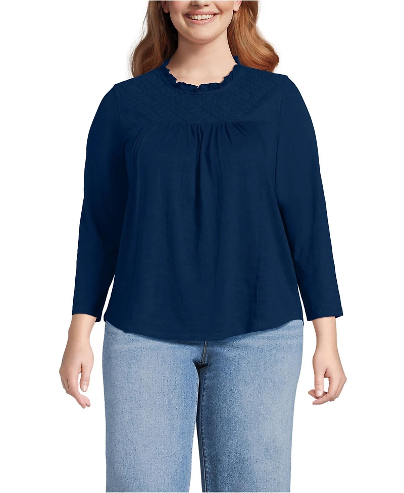 Lands' End Women's Plus 3/4 Sleeve Cotton Slub Lace Trim Top