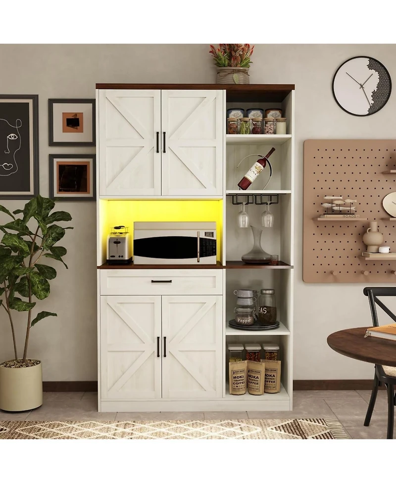 Vanirror Antique White 71" Farmhouse Pantry Hutch Cabinet, Barn Door Kitchen Storage with Led Lights & Adjustable Shelves, Freestanding Sideboard with