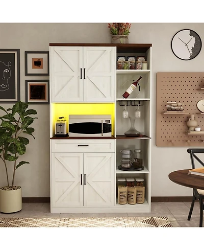 Vanirror Antique White 71" Farmhouse Pantry Hutch Cabinet, Barn Door Kitchen Storage with Led Lights & Adjustable Shelves, Freestanding Sideboard with