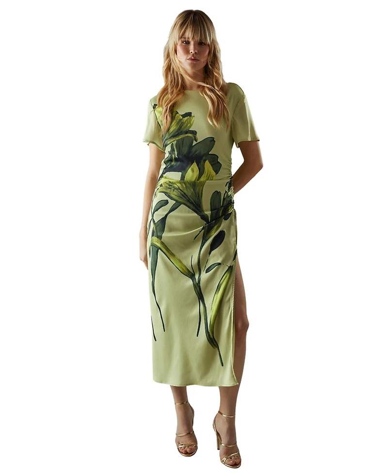 Warehouse Women's Placement Print Crinkle Midi Satin Dress