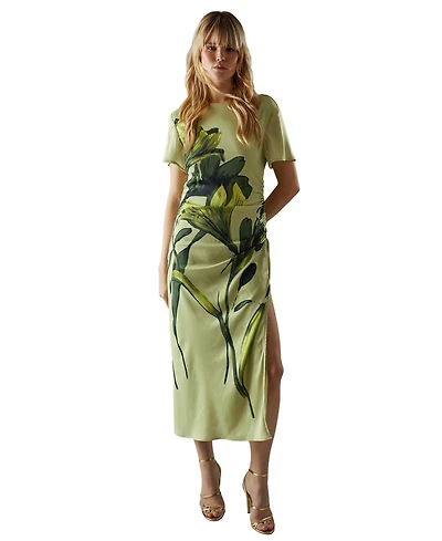 Warehouse Women's Placement Print Crinkle Midi Satin Dress