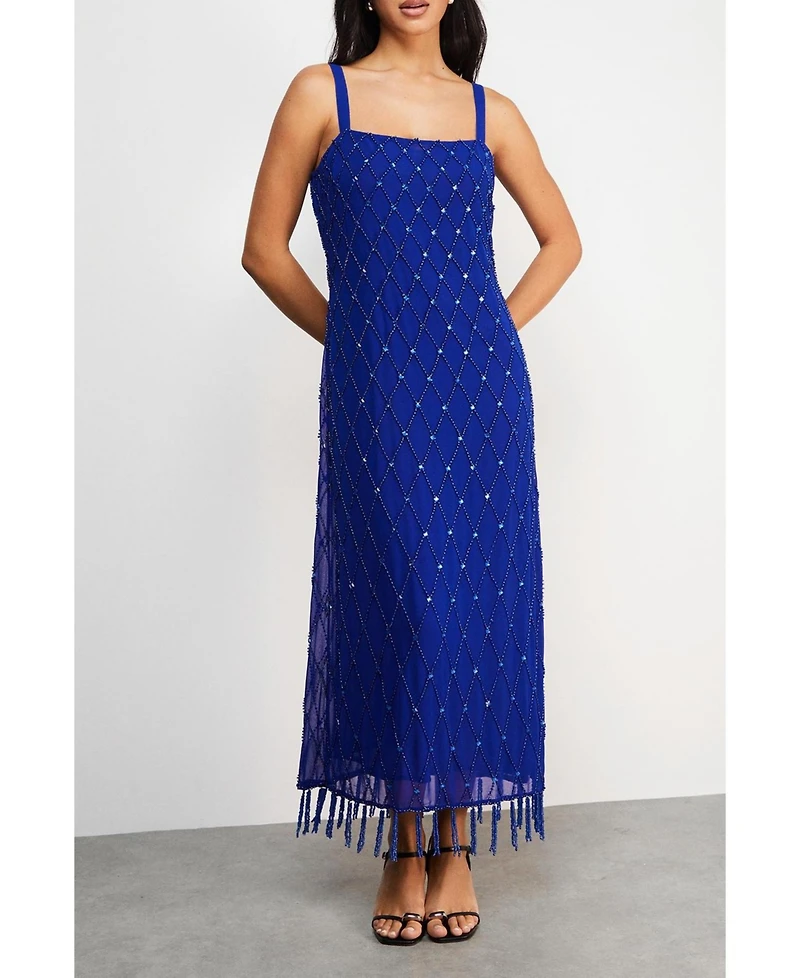 Warehouse Hand Embellished Fringe Hem Midi Dress