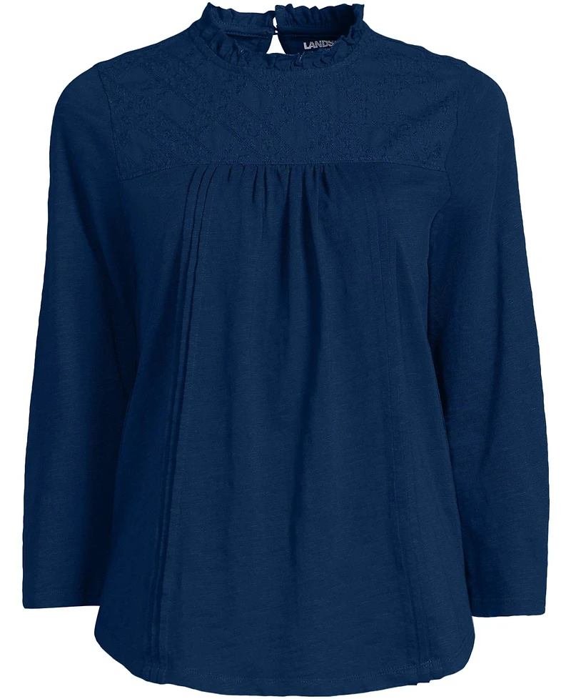 Lands' End Women's 3/4 Sleeve Cotton Slub Lace Trim Top
