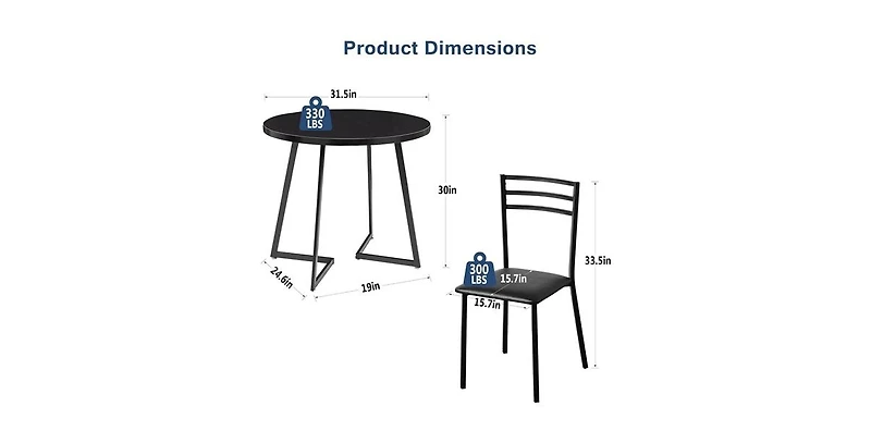 Modern 3-Piece Dining Set with Round Wood-Top Table and 2 Chairs for Kitchen